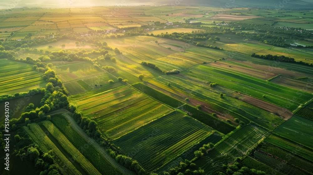 Fototapeta premium Aerial view of tea fields in soft sunlight
