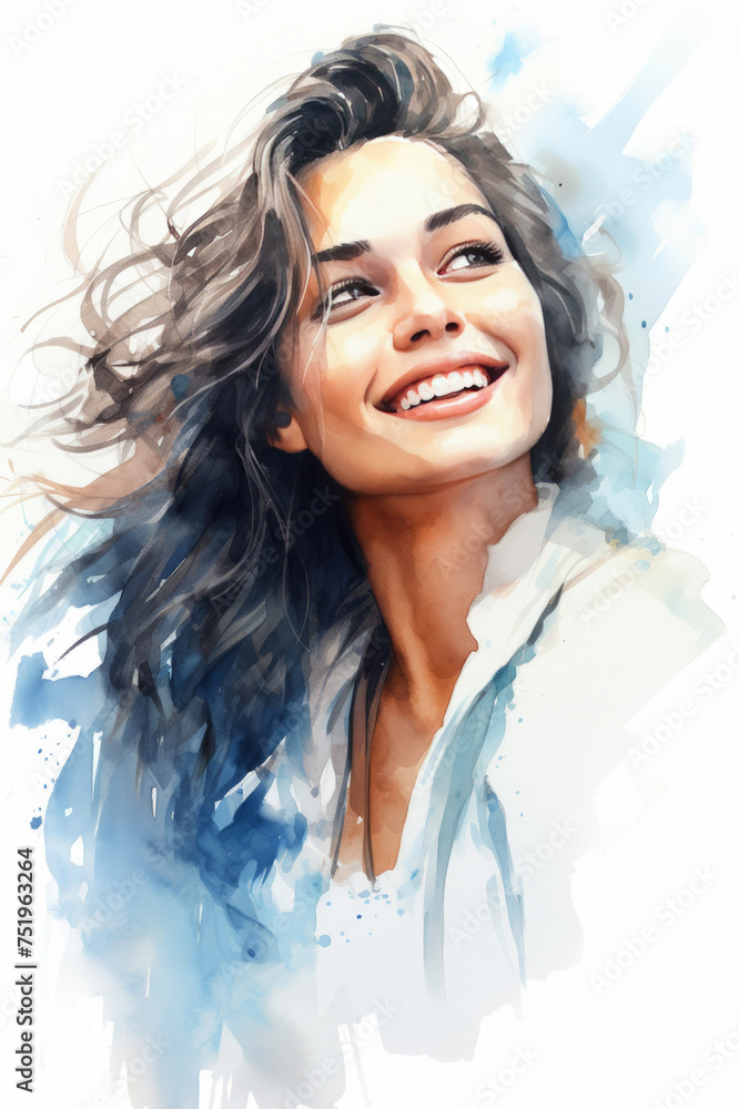Watercolor portrait of  a beautiful adult female girl with long hair, smiling, happy, on white background