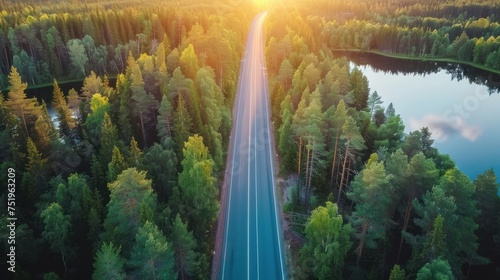 Road between green forest and blue lake as seen from bird s-eye view of natural light