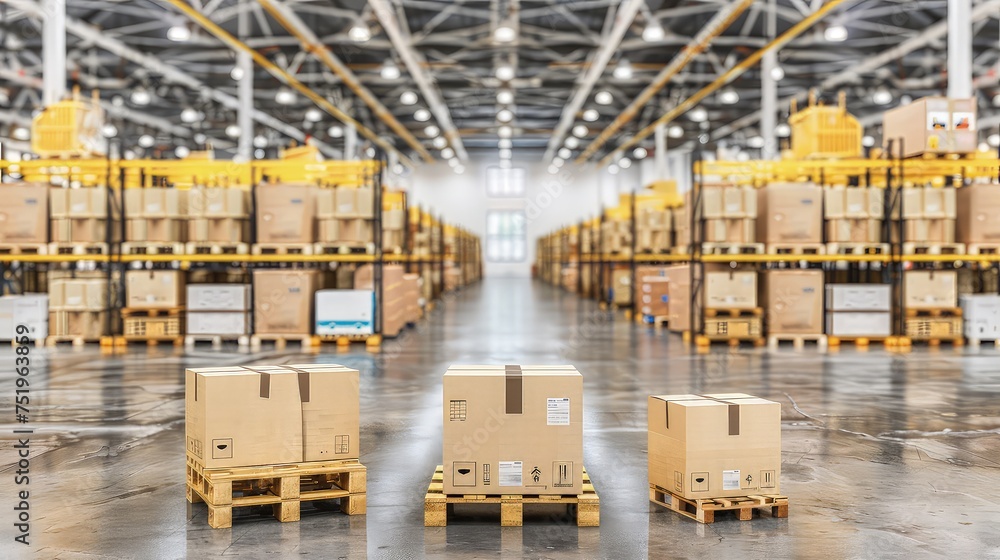 Big bright factory warehouse. Warehouse or storage and shelves with cardboard boxes. Industrial background.