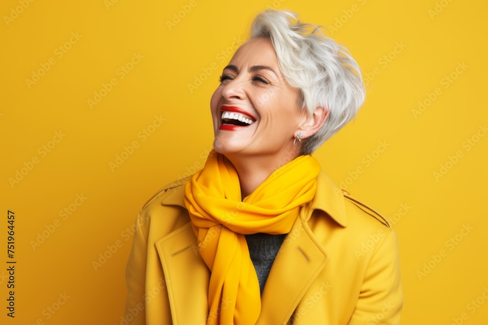 Portrait of laughing woman in yellow coat and scarf on yellow background Portrait of laughing woman in yellow coat and scarf on yellow background