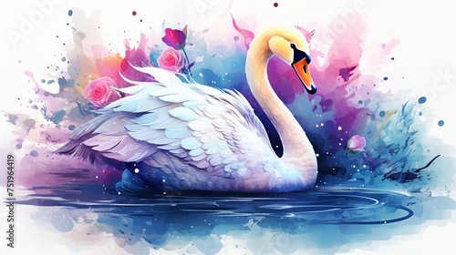 Fototapeta Naklejka Na Ścianę i Meble -  Vector illustration of watercolor swans swimming in the river on a nature background