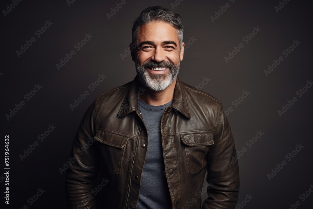 Portrait of a handsome middle-aged man in a leather jacket. Portrait of a handsome middle-aged man in a leather jacket.