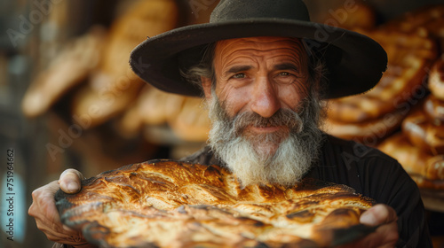 man in a hat with a giant pesach for passover day photo