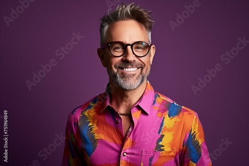 Portrait of a handsome middle-aged man wearing glasses and a colorful shirt.