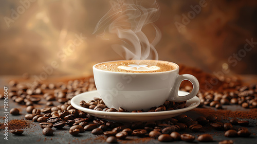 Steaming latte with milk foam art surrounded by roasted coffee beans, an invitation to a cozy coffee break.