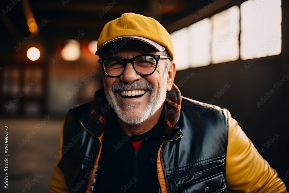 Portrait of a smiling senior man in a leather jacket and cap