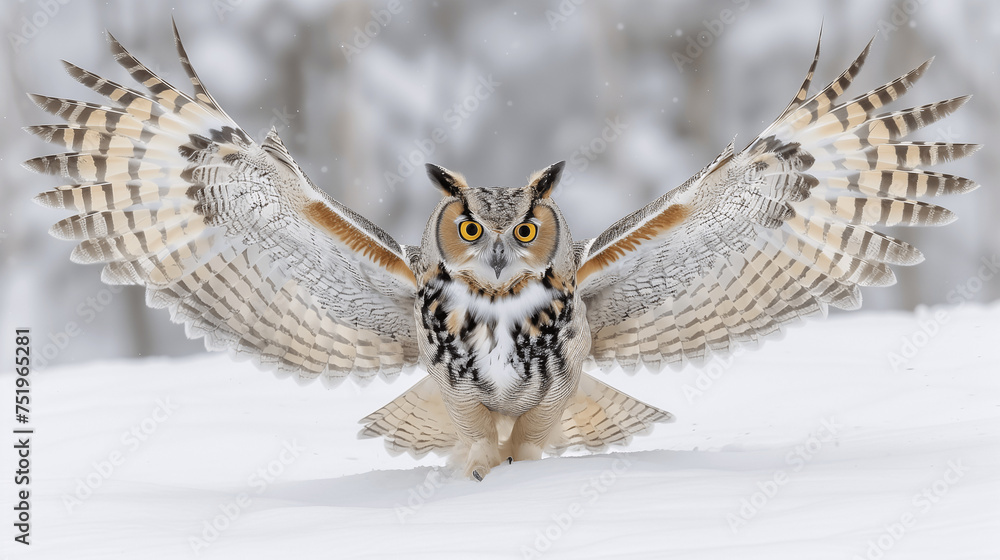 Great Horned Owl Landing on Snowy Ground Great Horned Owl Landing on Snowy Ground