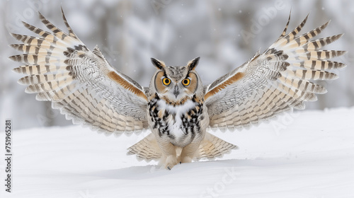 Great Horned Owl Landing on Snowy Ground