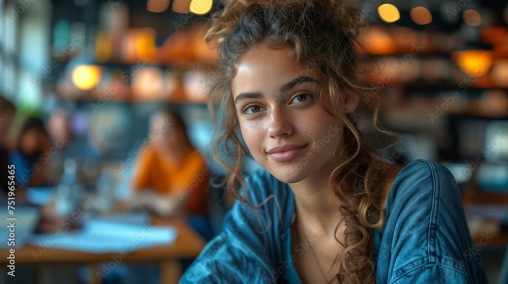 A young woman confidently presents a new marketing strategy to her colleagues in a contemporary office setting. A young woman confidently presents a new marketing strategy to her colleagues in a contemporary office setting.