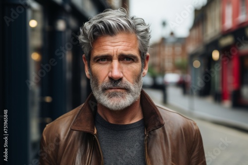 Portrait of a handsome middle-aged man with grey hair and beard wearing a brown leather jacket in a city street.