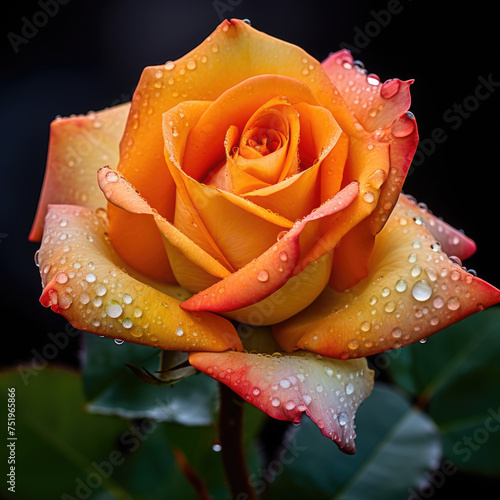 Orange and yellow rose with green leaves