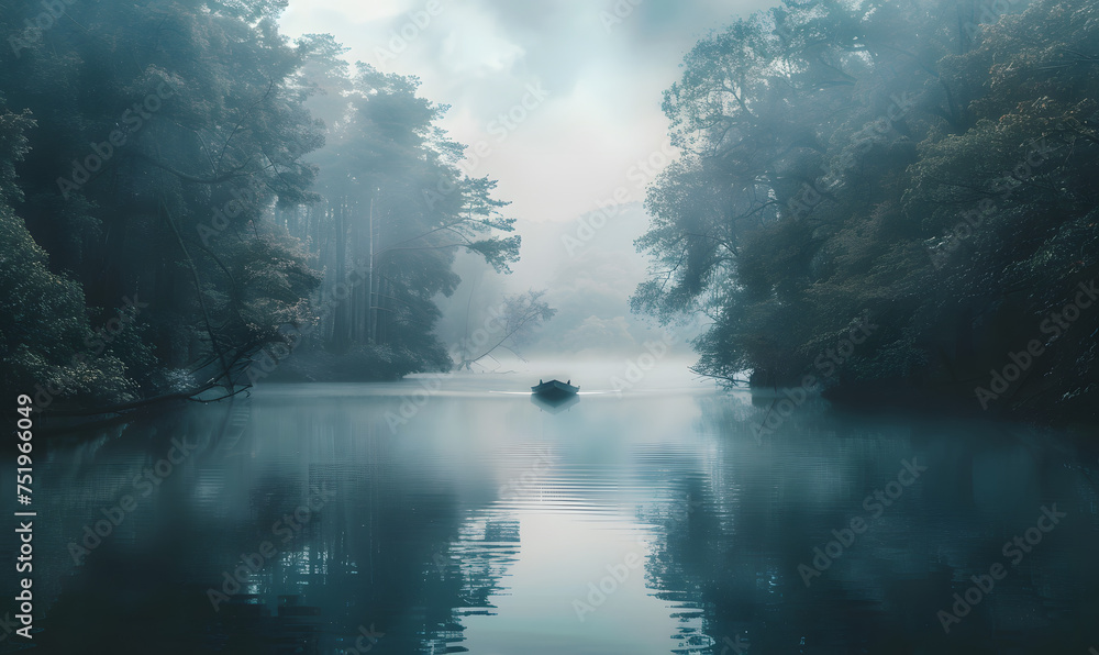 Fototapeta premium foggy sky in the middle of the picture and a boat in the middle of the water, Generative AI 