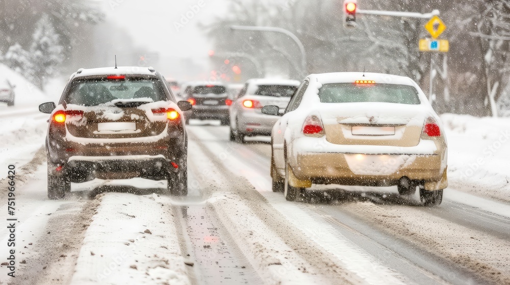 Traffic during snowstorm in winter urban road. Difficult road conditions during a snow storm. Traffic signals struggle to stay visible in the storm. Traffic during snowstorm in winter urban road. Difficult road conditions during a snow storm. Traffic signals struggle to stay visible in the storm.