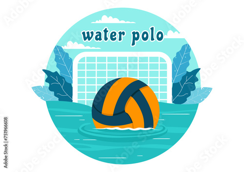 Water Polo Sport Vector Illustration with Player Playing to Throw the Ball on the Opponent's Goal in the Swimming Pool in Flat Cartoon Background