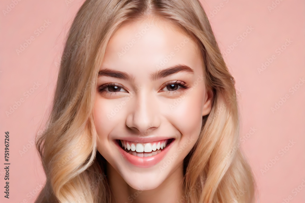 Beautiful smile woman mouth. Smiling young woman with blonde long groomed hair isolated on pastel flat background with copy space Beautiful smile woman mouth. Smiling young woman with blonde long groomed hair isolated on pastel flat background with copy space