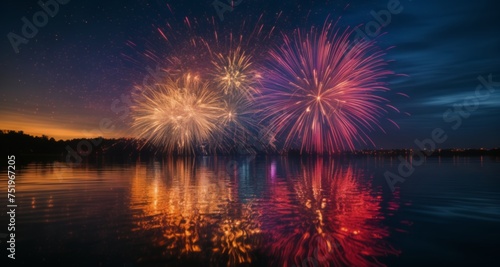 Fototapeta Naklejka Na Ścianę i Meble -   Spectacular fireworks display over tranquil lake at dusk