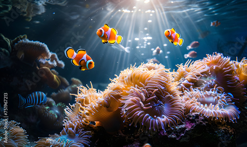 clown fish swimming over a coral covered in sea anemones in a sea anemone aquarium, Generative AI  © simba kim