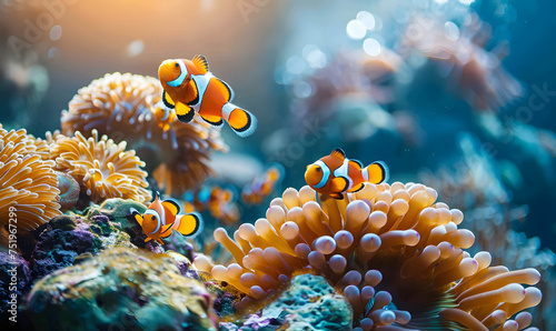 clown fish swimming over a coral covered in sea anemones in a sea anemone aquarium, Generative AI 