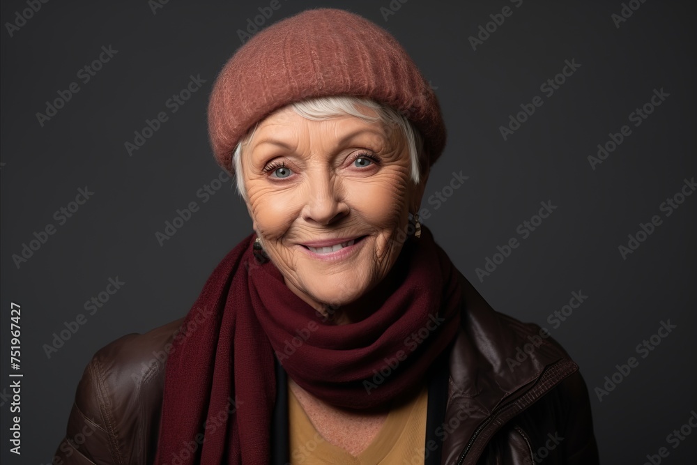 Portrait of smiling senior woman in hat and scarf on grey background Portrait of smiling senior woman in hat and scarf on grey background