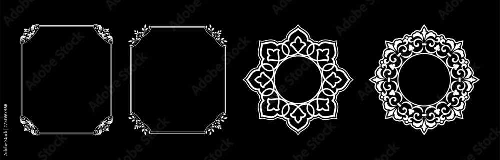 Fototapeta premium Set of decorative frames Elegant vector element for design in Eastern style, place for text. Floral black and white borders. Lace illustration for invitations and greeting cards.