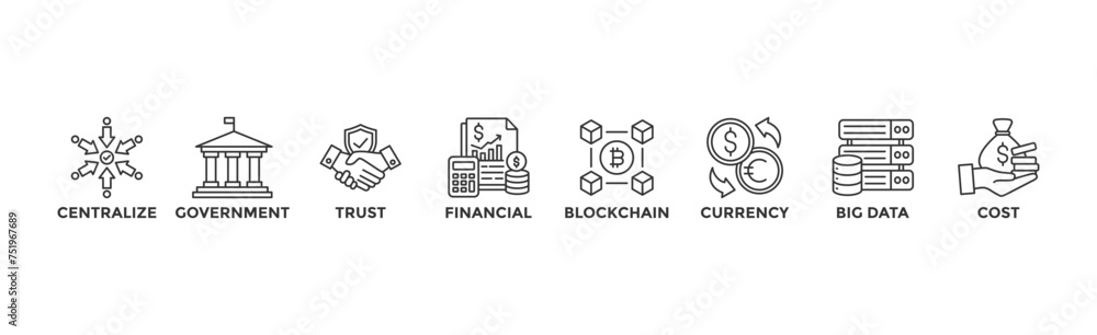 CBDC banner web icon vector illustration concept of central bank digital currency with icons of centralize, government, trust, financial, blockchain, currency, big data and cost CBDC banner web icon vector illustration concept of central bank digital currency with icons of centralize, government, trust, financial, blockchain, currency, big data and cost