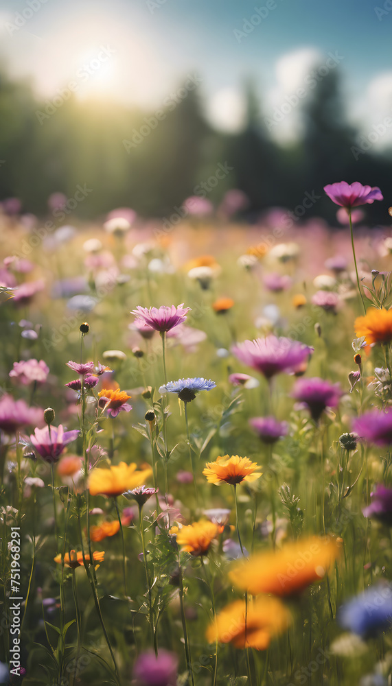 Colorful wildflowers in a sunlit field with a soft-focus background.