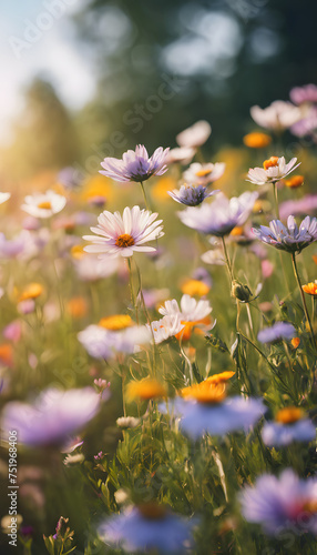 Vibrant wildflowers in a sunlit field with a soft-focus background, showcasing nature's beauty.