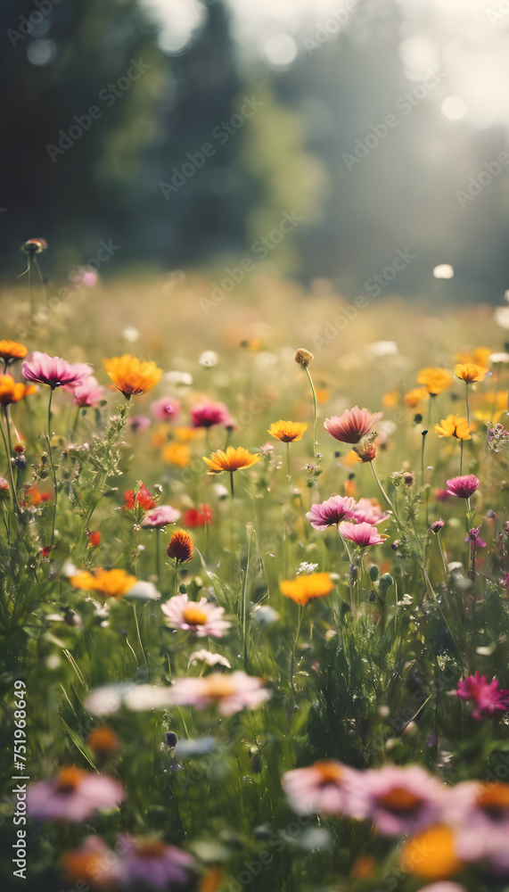Wildflower meadow with colorful blossoms in soft focus, conveying a tranquil, natural atmosphere.