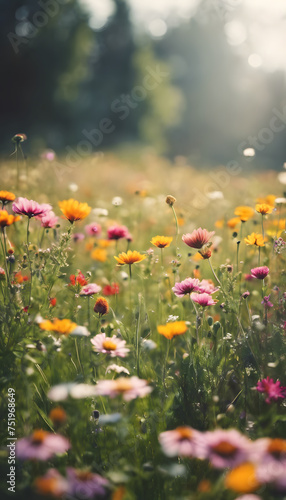 Wildflower meadow with colorful blossoms in soft focus, conveying a tranquil, natural atmosphere. © Tetlak
