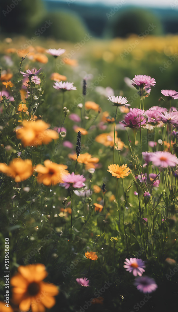 Vibrant wildflowers in a field with a soft-focus background, showcasing a variety of colors and the beauty of nature.