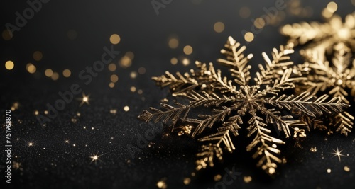  Golden snowflake sparkles on black background