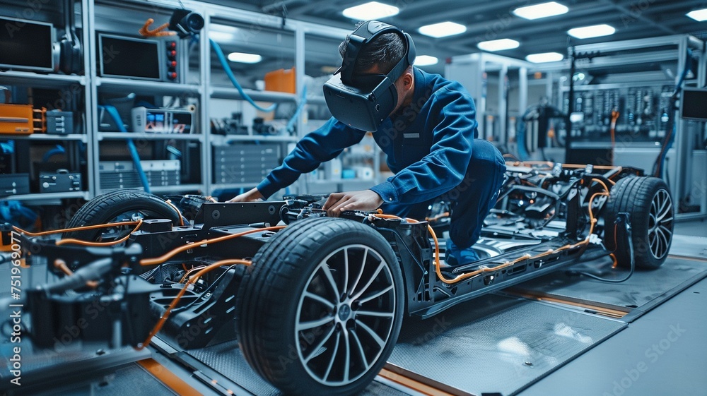 The chassis structure of an electric automobile is worked on by an automotive engineer. Build the system with 3D visual effects software and a virtual reality headset. The chassis structure of an electric automobile is worked on by an automotive engineer. Build the system with 3D visual effects software and a virtual reality headset.