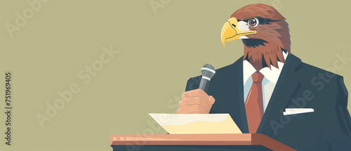 A dynamic press conference scene with an eagle journalist holding a microphone and jotting down notes on a notepad ready to report photo