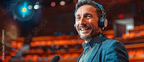 Motivational speaker on stage wearing a headphone and grinning.