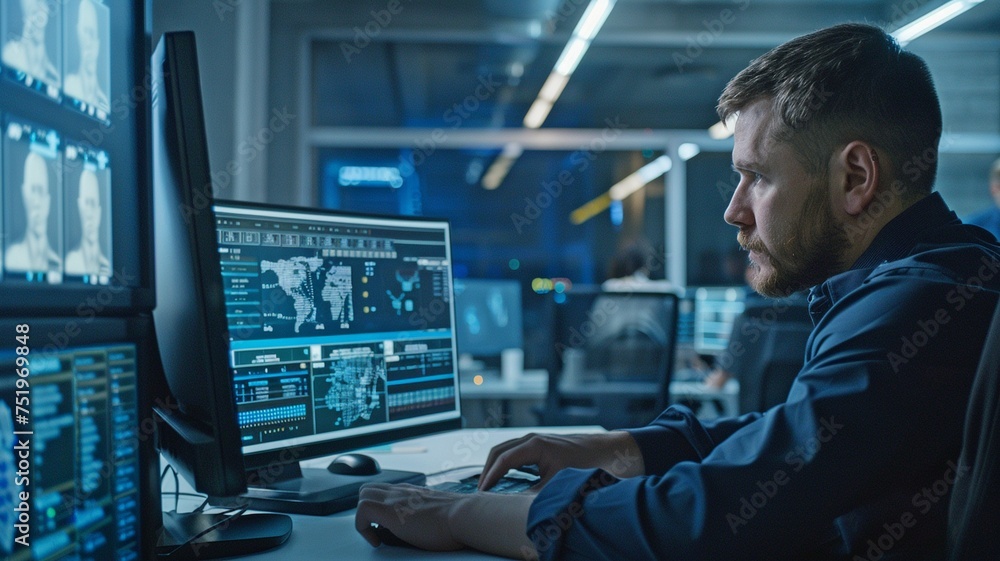 A policeman seated in front of office monitors enters the suspect's personal information into a computer database.