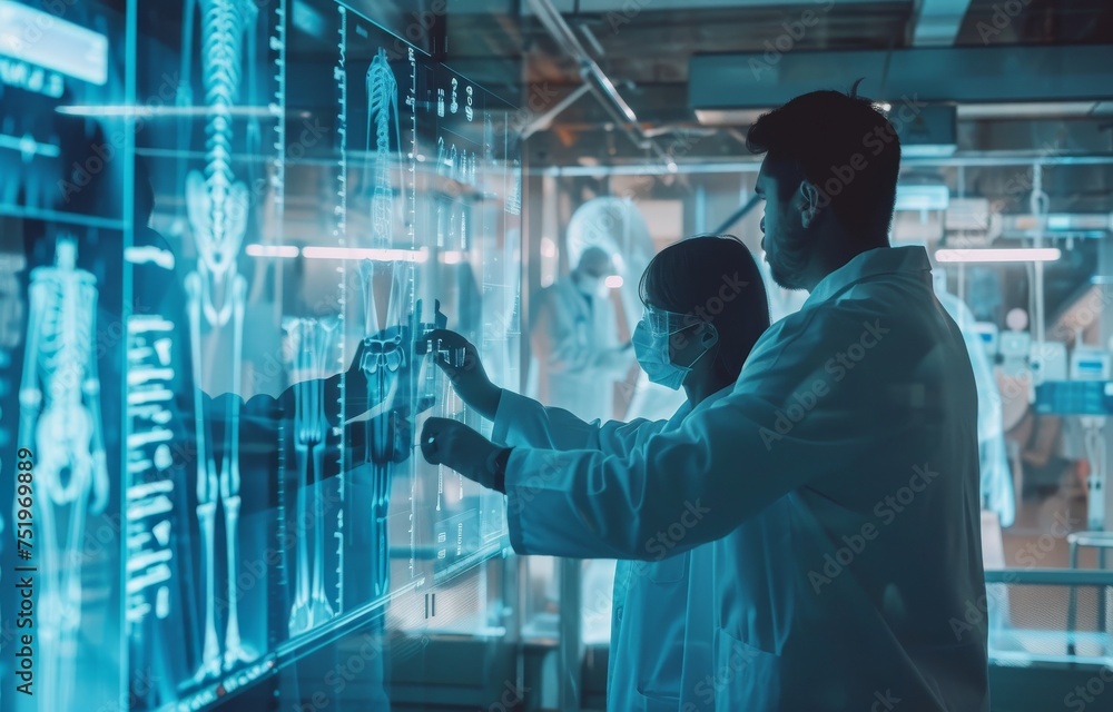 Medical professionals examining holographic bone imaging on a transparent display in a dimly lit room