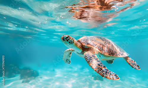 A sea turtle swims in the turquoise waters of the ocean, Generative AI  © simba kim
