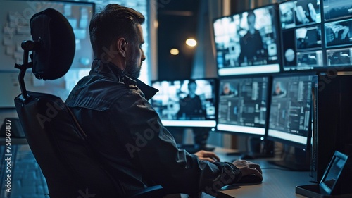 A policeman seated in front of office monitors enters the suspect's personal information into a computer database. photo