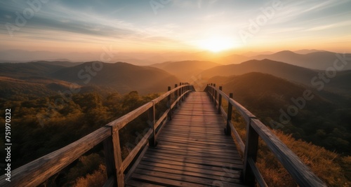  Exploring the horizon on a wooden bridge at sunrise