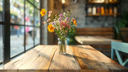 A simple wooden table with a single vase of fresh flowers in the center adding a pop of color and freshness to the cafes interior. The smooth finish of the tables surface © Justlight