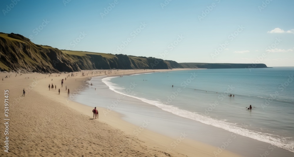  A serene beach scene with people enjoying the ocean