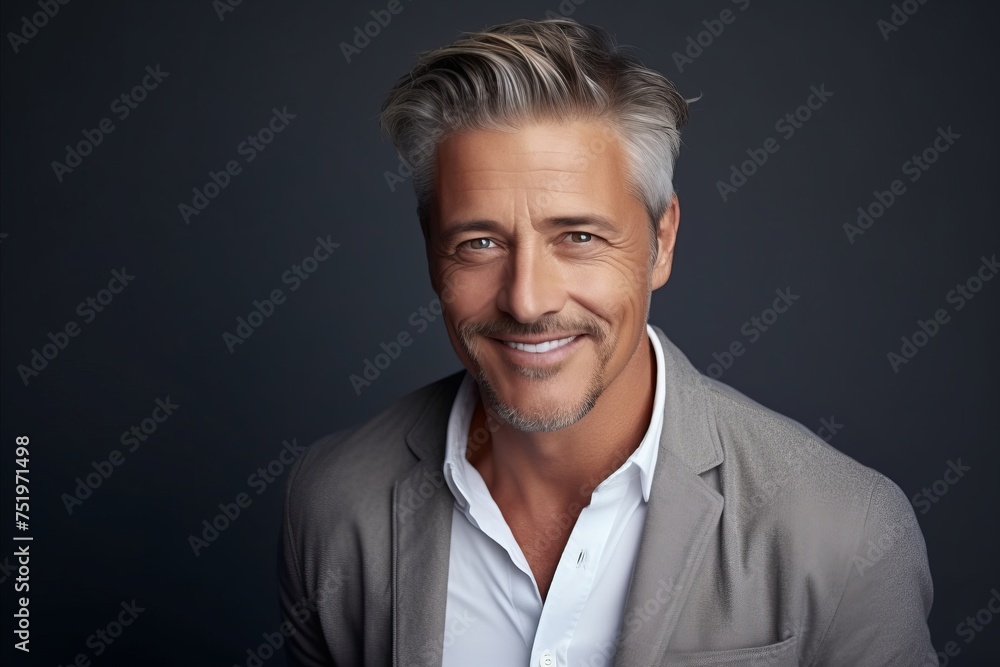 Portrait of a handsome mature man over grey background. Men's beauty, fashion. Portrait of a handsome mature man over grey background. Men's beauty, fashion.