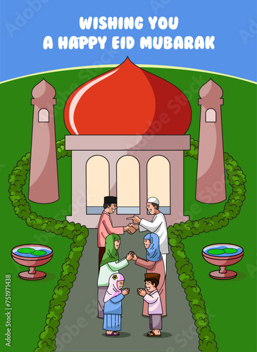 Vector illustration of a diverse group of people joyfully greeting each other in celebration of Eid Mubarak. Suitable for poster, greeting card and social media posts