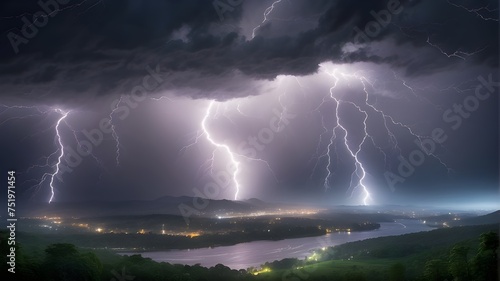 lightning in the night, "Experience the raw power and untamed energy of a thunderstorm, as lightning strikes and rain pours down in a dramatic display of nature's might."