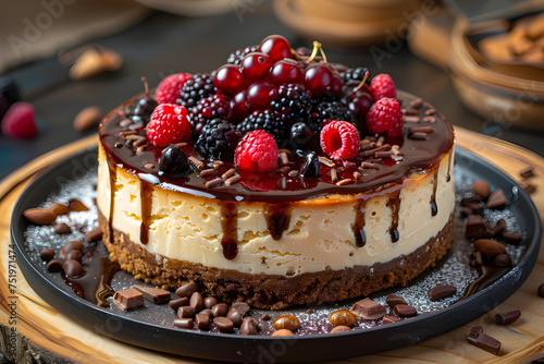 Wallpaper Mural Cheesecake with raspberries and chocolate on a wooden table
 Torontodigital.ca