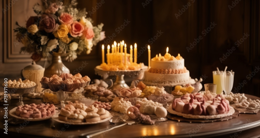  Elegant dessert table with candles and flowers, perfect for a special occasion