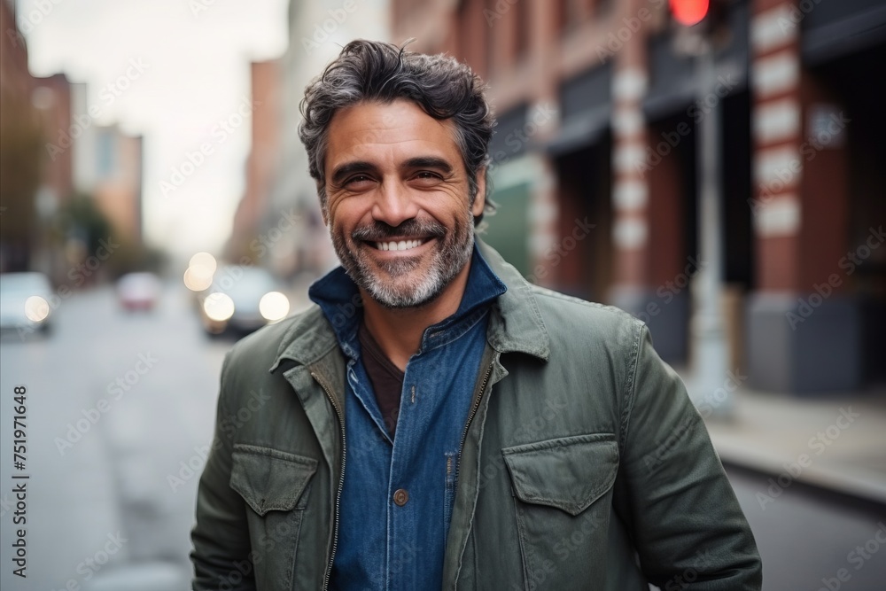 Portrait of a handsome middle-aged man smiling in the city