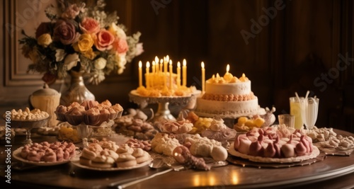  Elegant dessert table with candles and flowers, perfect for a special occasion