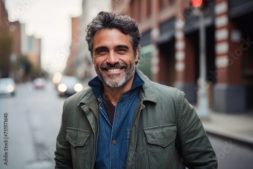Portrait of a handsome middle-aged man smiling in the city